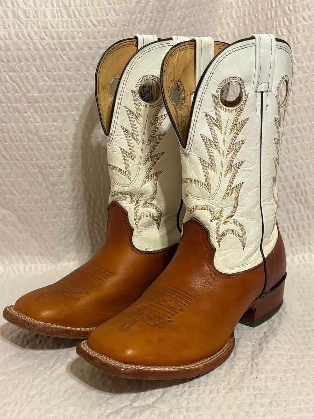 Larry Mahan Western Cowboy Leather Boots Men’s Size 8.5 Square Toe Brown Cream